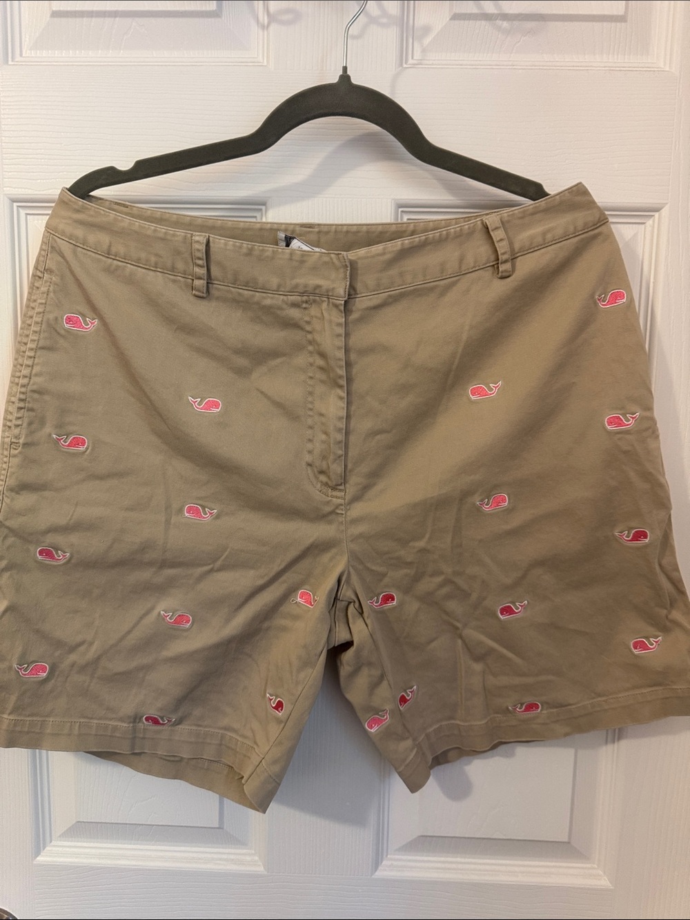 Charter Club Khaki Embroidered Shorts with Pink Whale Motifs